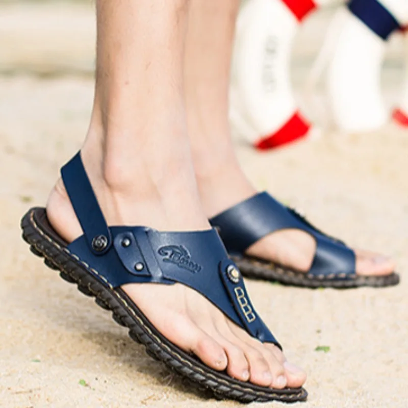 Sandalias de cuero hechas a mano para hombre, zapatos de playa antideslizantes para exteriores, chanclas planas de gran tamaño 47