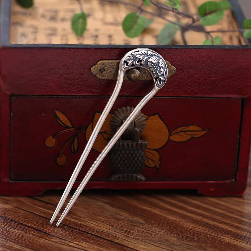 

Vintage 925 Thai silver peony hanfu hair accessory U-shaped short Hairpin classical everyday ethnic style jewelry for women