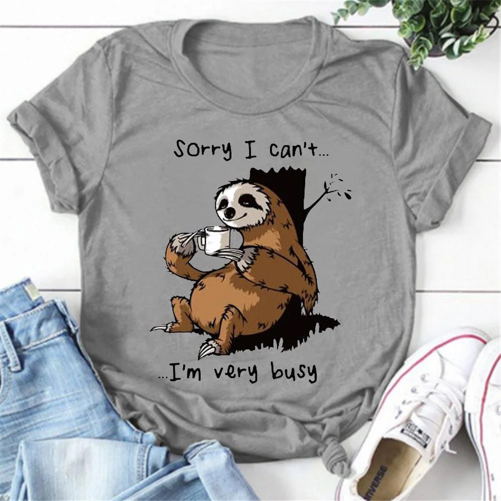 Faultier-T-Shirt mit Aufschrift „Sorry, I'm Too Busy“ für Damen, bedrucktes T-Shirt, kurze Ärmel, Rundhalsausschnitt, niedliche Sommer-Grafik-T-Shirts mit Persönlichkeit