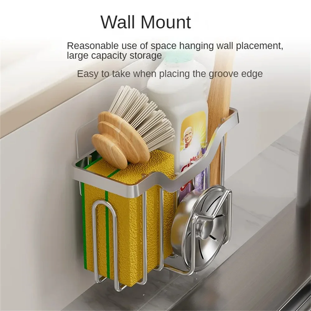 Multifunctional Sponge Holder Kitchen Sink Organizer Rustproof Stainless Steel Sink Caddy for Sponge Brush Sink Stopper Scraper