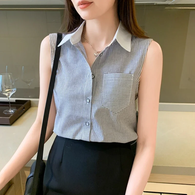 Fashion Summer Women Shirt Stripe Vest Blouse Sleeveless Shirts and Blouses Elegant Cheap Women\'s Clothing OL Chiffon Women Tops