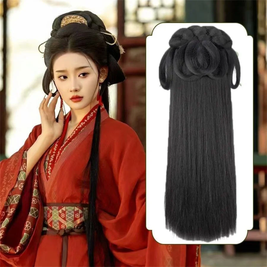 Women Synthetic Hanfu Headband Hair Extension Chinese Style Cosplay Antique Hairpiece Hair Accessories Headdress Black