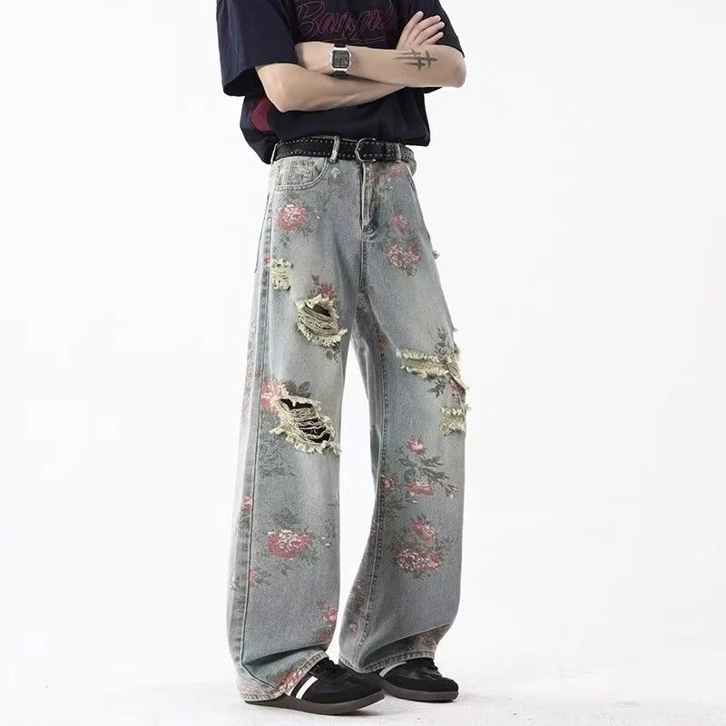 

Street Style Women's Rose Print Hole Design Wide Leg Jeans High Waist Pant Casual Cool Girl Bottoms Female Unisex Denim Trousers