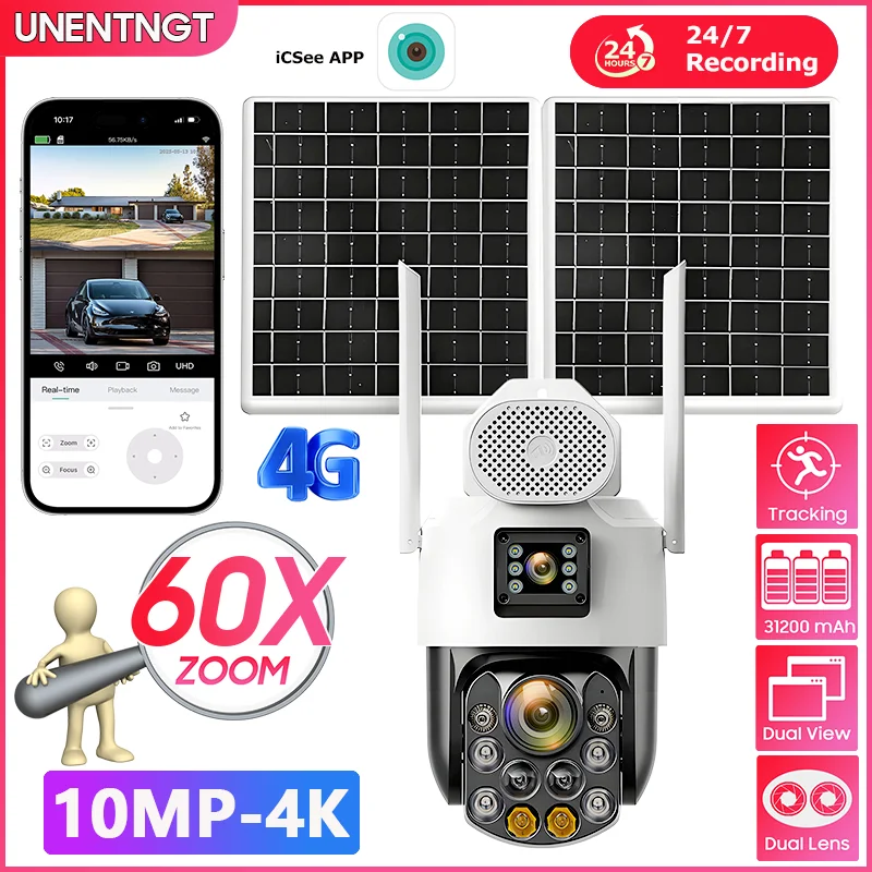 

10-мегапиксельная 60-кратная оптическая камера 4G, солнечная камера 31200 мАч, защита безопасности AOV 7/24 4K PTZ, автоматическое отслеживание человека, наружная камера наблюдения