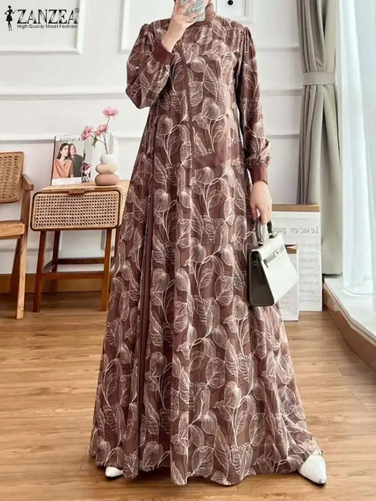 

ZANZEA Fashion Long Sleeve Maxi Vestidos O Neck Muslim Elegant Bohemian Abaya Dress Women Leaves Print Loose Long Robes Kaftan