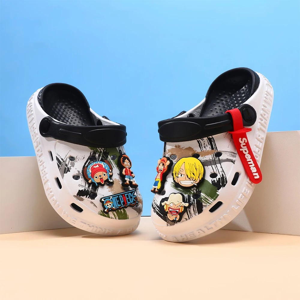 One Piece Anime Clogs Shoe Charms Camo Print Hole Shoes Detachable Heel Strap Soft Garden Sandals Summer Beach Slippers for Teen