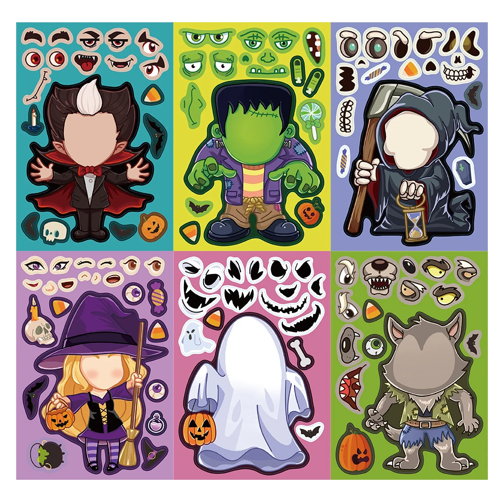 6/12Sheets Halloween Make a Face Puzzle Stickers for Kids Game Make Your Own Horror Children DIY Assemble Jigsaw Toys Party Gift