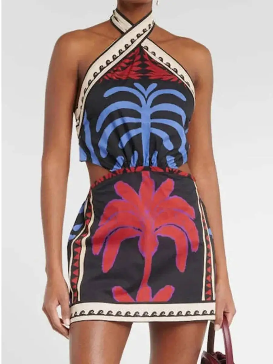 Sexy Halter Pattern Printed Mini Dress Summer Hollow Off Shoulder Bohemian Women Fashion Lace Up Backless Short Dresses