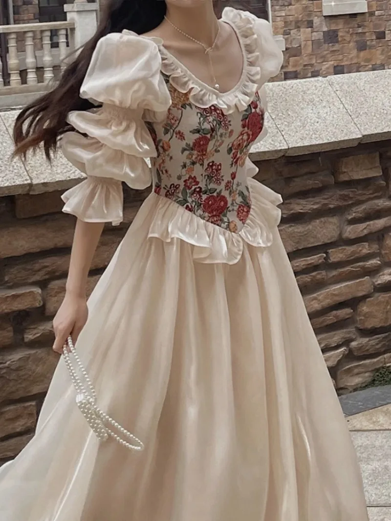 Vintage Elegant Print Floral Dress Women 2024 Spring O-neck Casual Evening Party Midi Dress Female Puff Sleeve Korea Fairy Dress