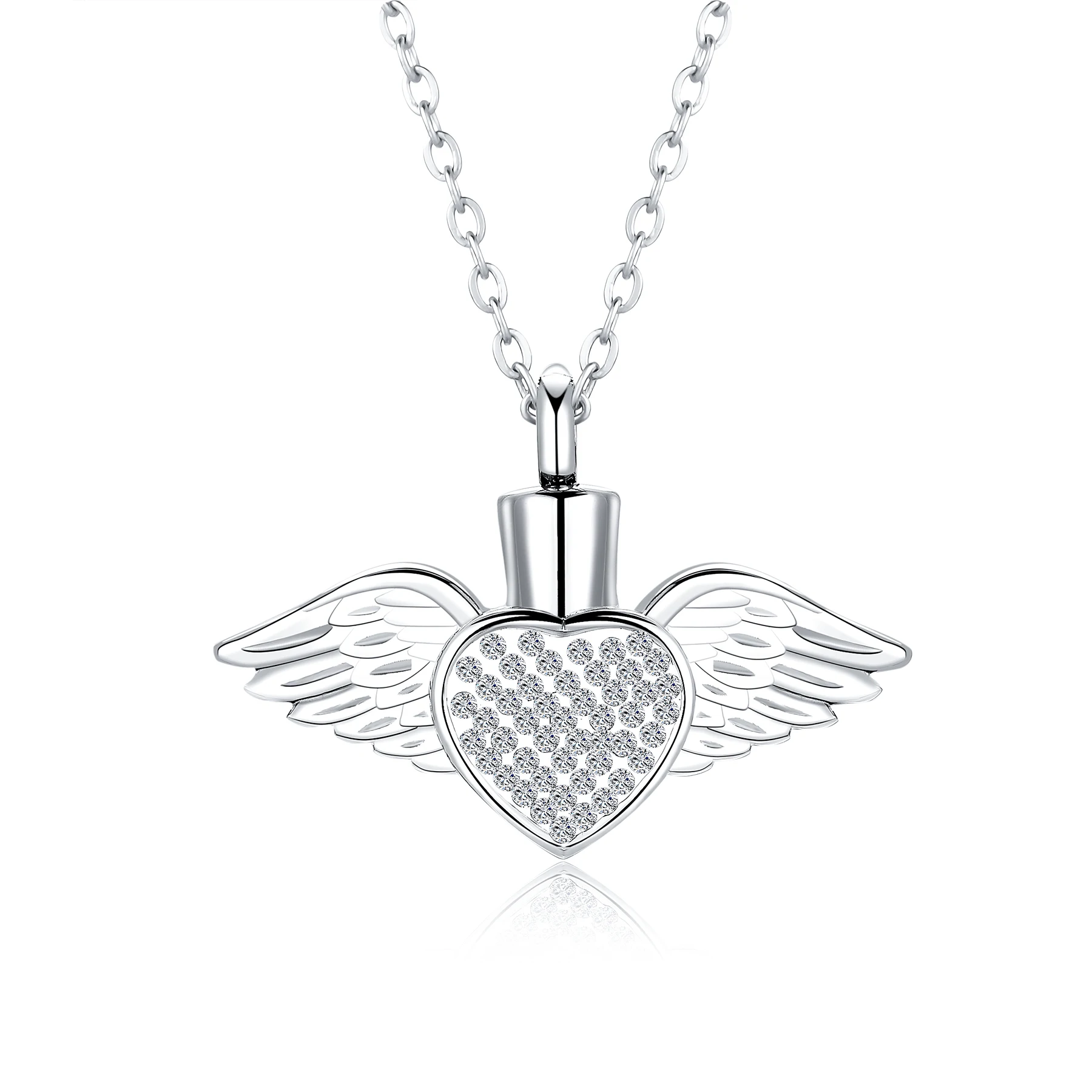 Edelstahl-Strass-Herz- und Engelsflügel-Gedenkurnen-Halskette Anhänger für Frauen, Andenken-Schmuck für Asche nach der Einäscherung – Detail 2