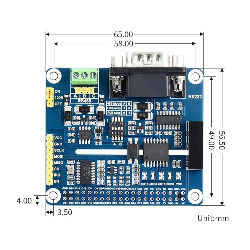 Waveshare Isolated RS485 RS232 Expansion HAT For Raspberry Pi 4B/3B+/3B/2B, SPI Control, Onboard Protection Circuits