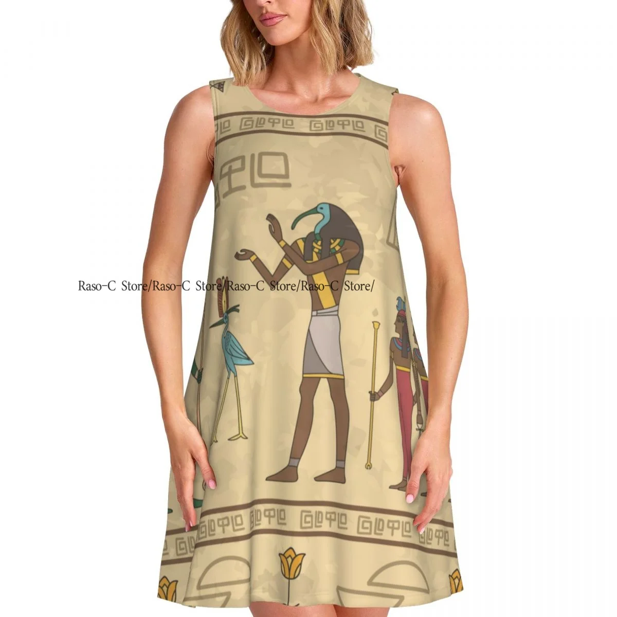 女性のドレス夏カジュアル T シャツドレスビーチカバーアップエジプト象形文字タンクドレス
