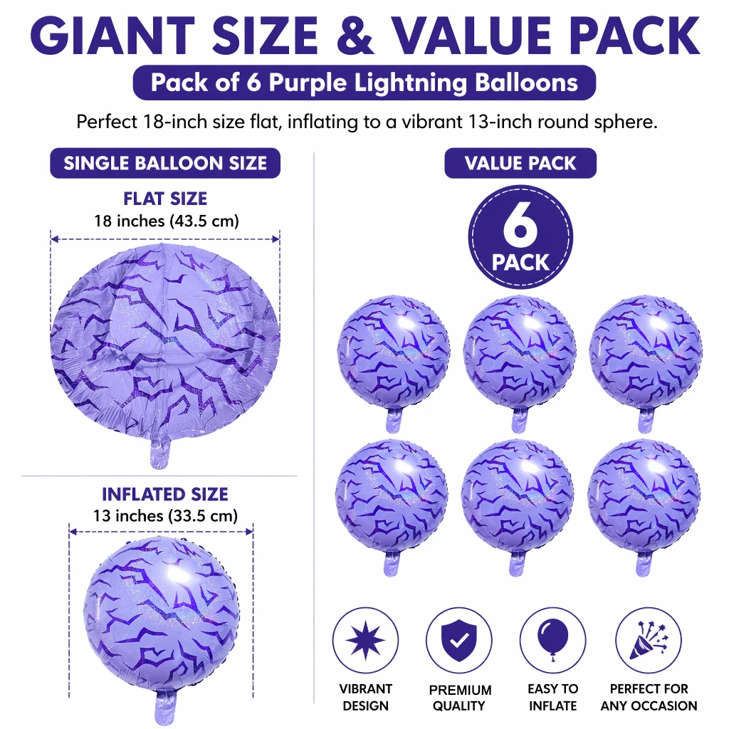 6 PCS Purple Lightning Crack Foil Balloons, Thunder Bolt Glitter Mylar Balloons for Storm, Teen Party Photo Booth Decor