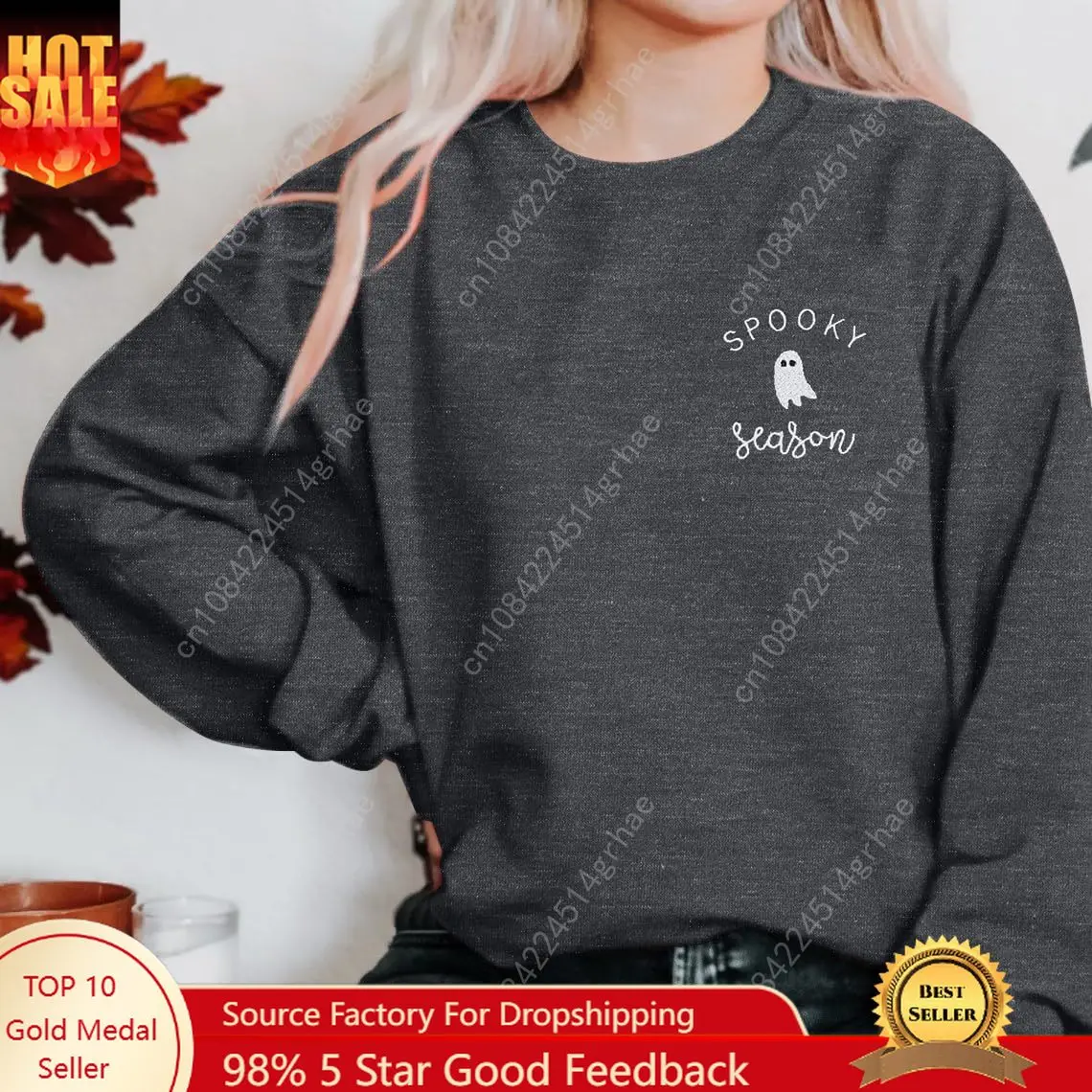 

Halloween Sweatshirt Women Cute Spooky Season Sweatshirts Ghost Fall Embroidered Sweater Pullover Top
