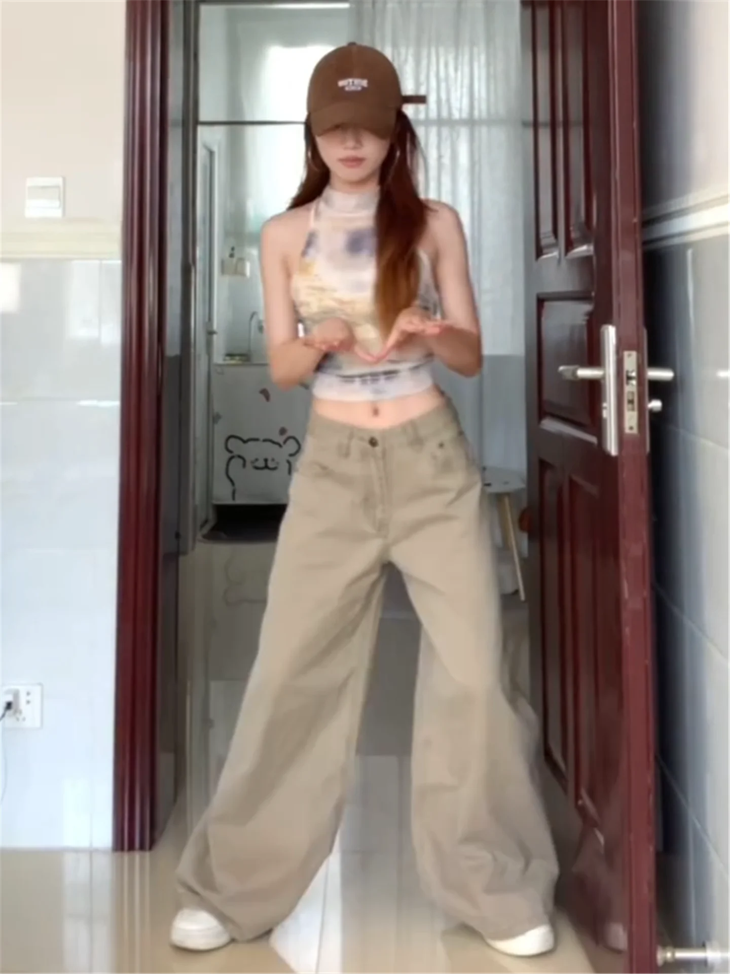 

Американские винтажные джинсы цвета хаки с широкими штанинами для женщин, с высокой талией, свободного кроя, струящиеся, повседневные, в пол, из мягкого хлопка, с эффектом потертости