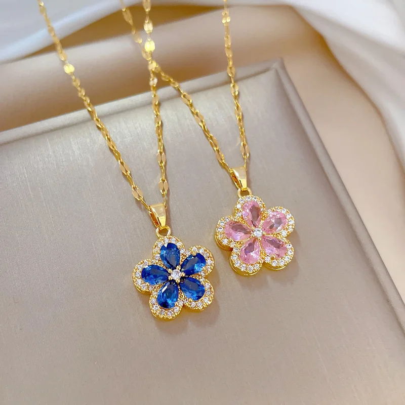 LUCKY99 Crystal Five Leaf Flower Pendant Necklaces For Women Luxury Zirconia Temperament Banquet Collar Lady Fashion Jewelry