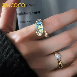 QMCOCO Silver Color Elegance Pearl Engagement Rings For Women Retro Simple Geometric Wedding Accessories Bride Party Jewelry