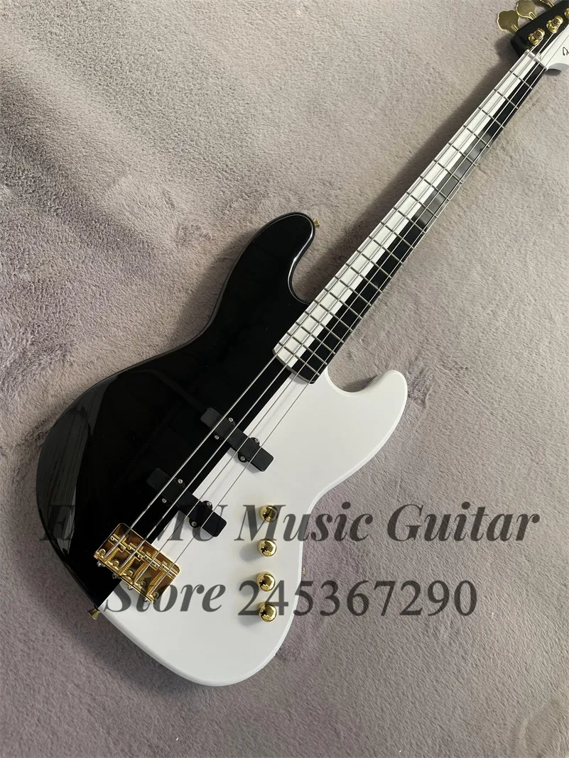 

Black bass 4 strings white electric bass guitar Basswood body Maple neck Gold Bridge factory custom