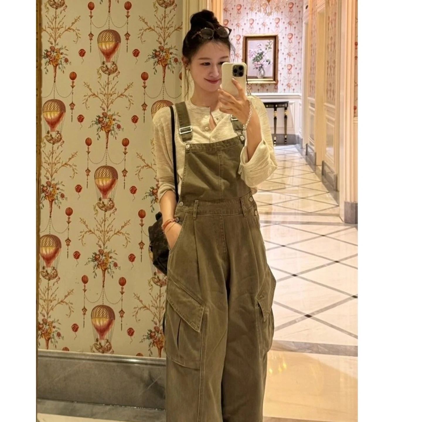 미국 레트로 워크웨어 슬레 여성 데님 오버롤 루즈 스트레이트 레그 와이드 레그 팬츠 하이 웨이스트 코튼 캐주얼 봄 가을