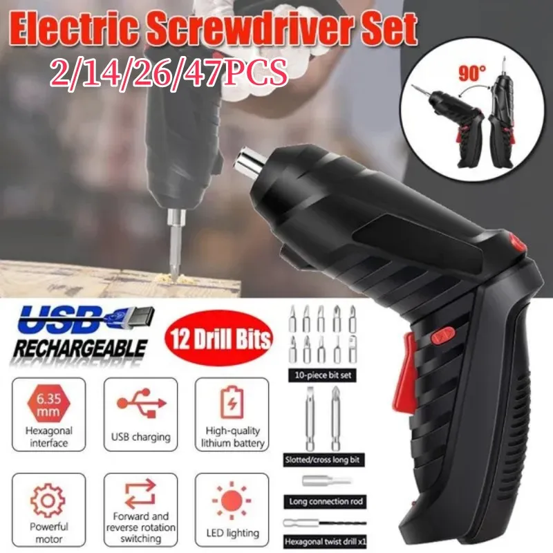 

2/14/26/47PCS Electric Screwdriver Set Rechargeable Cordless Screwdriver Powerful Impact Wireless Screwdriver Drill Repair Tool