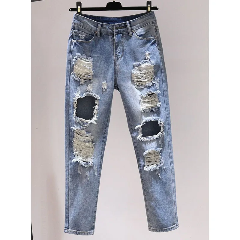 Korean Female Harun Jeans Summer Women Versatile High Waisted Rotten Ripped Cowboy Trousers Ladies Korean Loose Hole Denim Pants