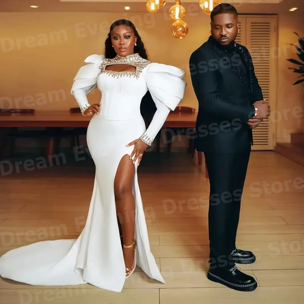 

Изысканные вечерние платья «Русалка» для женщин: индивидуальный пошив, длинный рукав, высокий воротник, разрез сбоку, элегантные платья для выпускного вечера (Vestidos Para Mujer Elegantes)