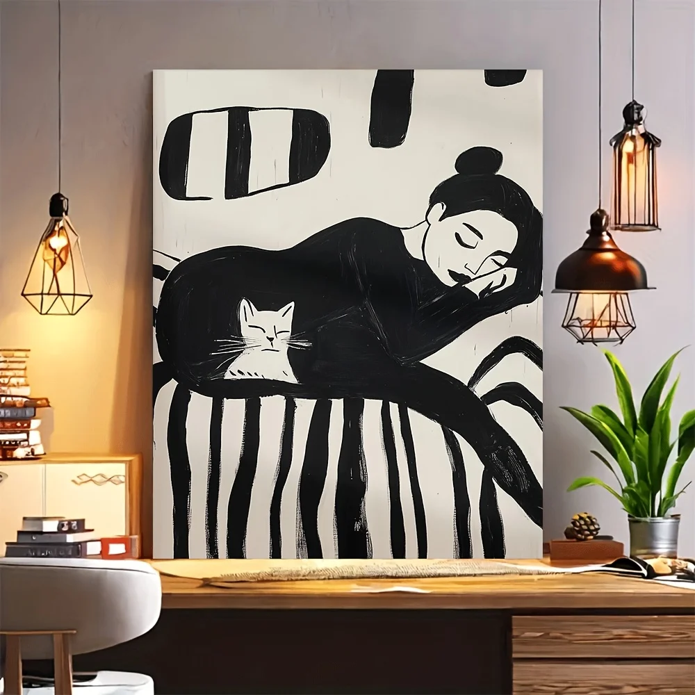 (No frame)2D Flat, 12x16 Inch Framed - Woman & Cat Sleeping Minimalist Black & White, Frame Suitable for Mother's Day Gifts,