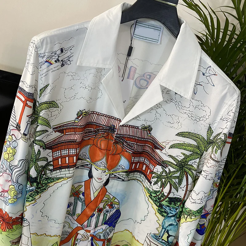 Spring and summer new Japanese and Korean fashion trend foreign trade cross-border digital print men\'s lapel long-sleeved shirt