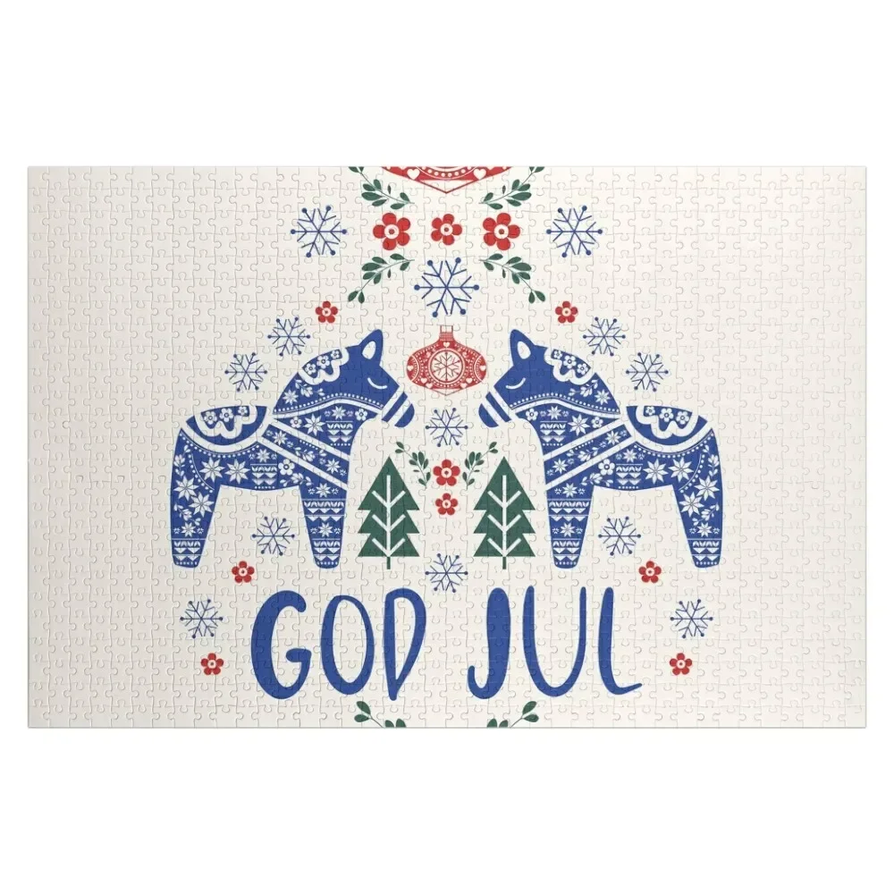 Swedish Dala Horses God Jul Red Green Blue Jigsaw Puzzle Customizable Child Gift Wood Adults Puzzle