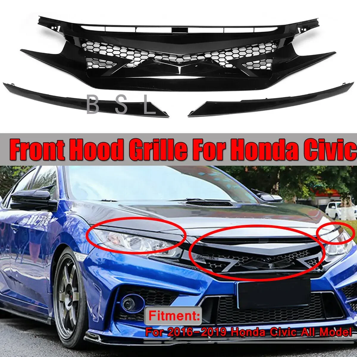 Glossy Black Mesh Front Hood Grille Racing Grills JDM-CTR Sport Style For Honda For Civic 2016-2019 10th Gen Replacement Part