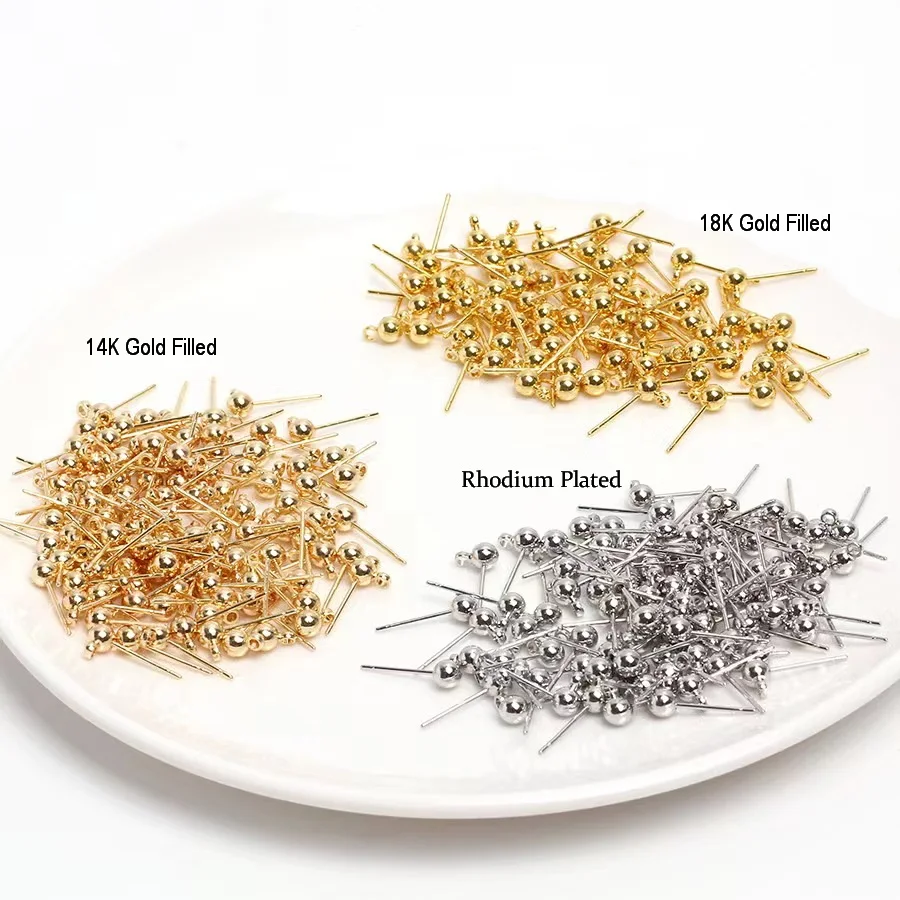 14K/18K Gold Filled Nickel Free Allergy Prevention Round Ball Ear Needles Earring Settings & Studs 3Colors 4pcs/Lot