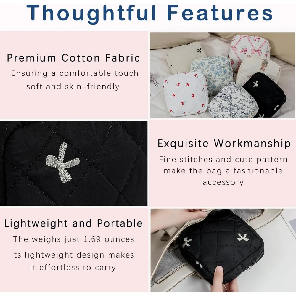 

Small Quilted Cotton Makeup Bag for Purse, Cosmetic Bag with Compartments, Cotton Aesthetic Makeup Bag