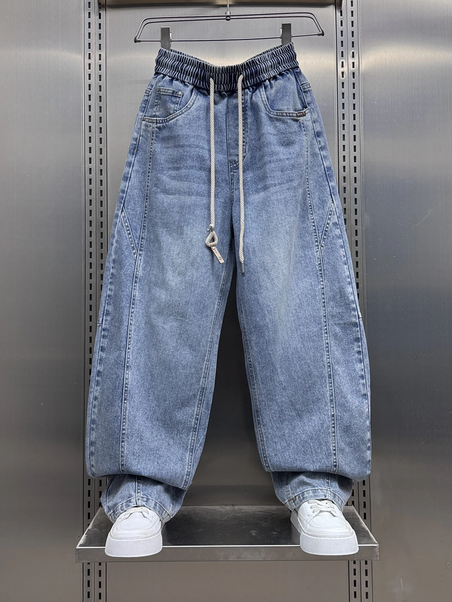 

Новые весенние американские джинсы Waed Blue для мужчин: свободные повседневные брюки с эластичным поясом на шнурке, широкие штанины, прямой крой, длинные штаны