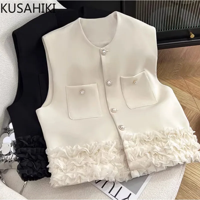 KUSAHIKI 2024 New Korean Style Niche Lace Patchwork Women\'s Waistcoat Fashion Single Breasted Round Neck Sleeveless Vest Top