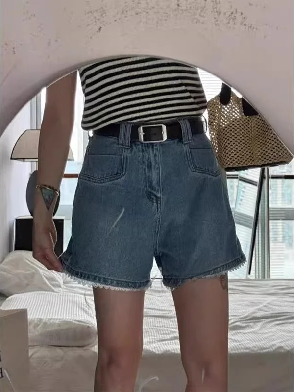 Blue High Waist Straight Leg Denim orts Women's Summer Versatile Loose Flattering A-Line Wide Leg Hot Pants Casual Sle