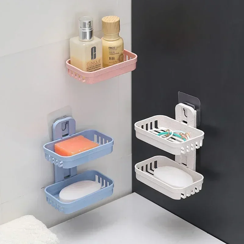 Wall Mounted Double Layer Soap Dish Holder Punch-Free Drawer Draining Holder Kitchen Sponge Storage Box Bathroom Organizer Rack