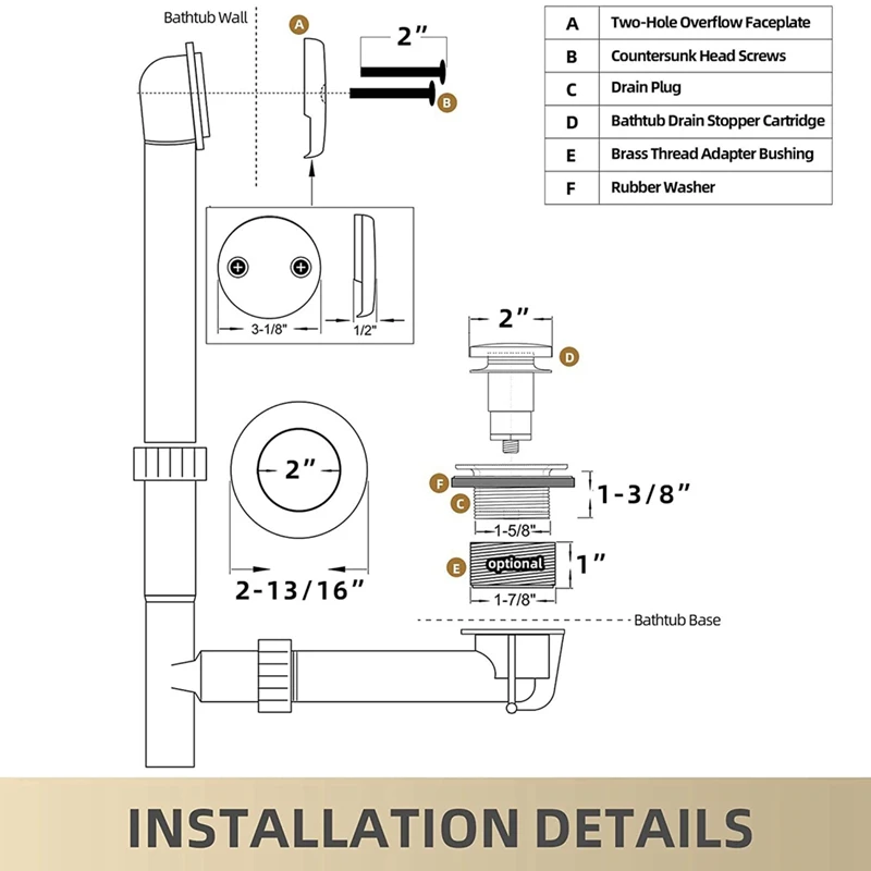 1Set Bathtub Drain Gold Tip Toe Bath Tub Drain Kit With Two-Hole Overflow Faceplate Bath Tub Drain Set Stainless Steel + Copper