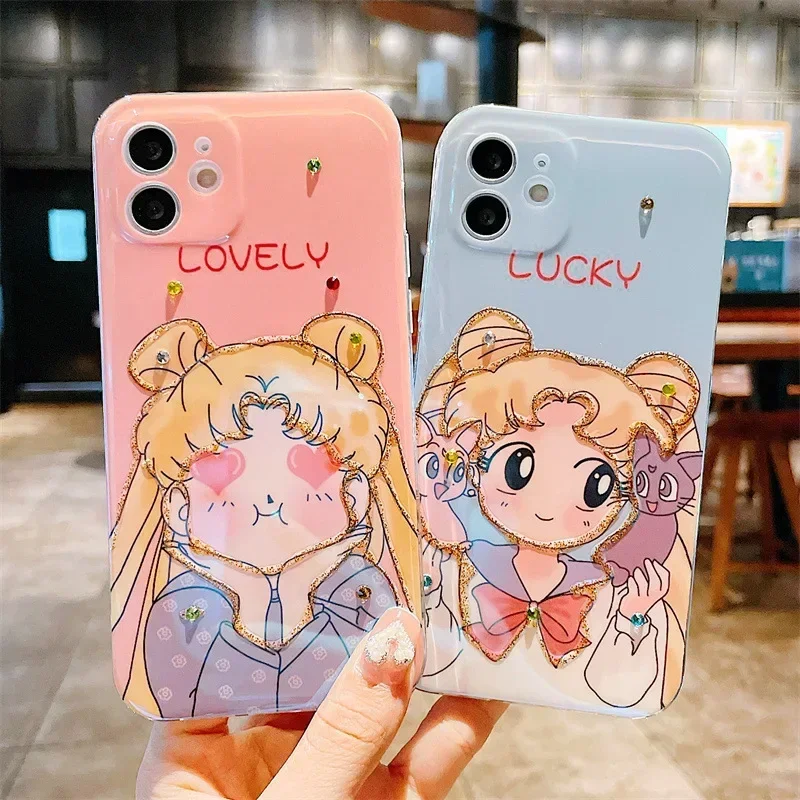 Sailor Moon luna cat glitter rhinestone Anime Phone Case For iPhone 15 14 13 12 11 Pro Max Xr Xs 7 8 14 Plus Case cartoon Cover