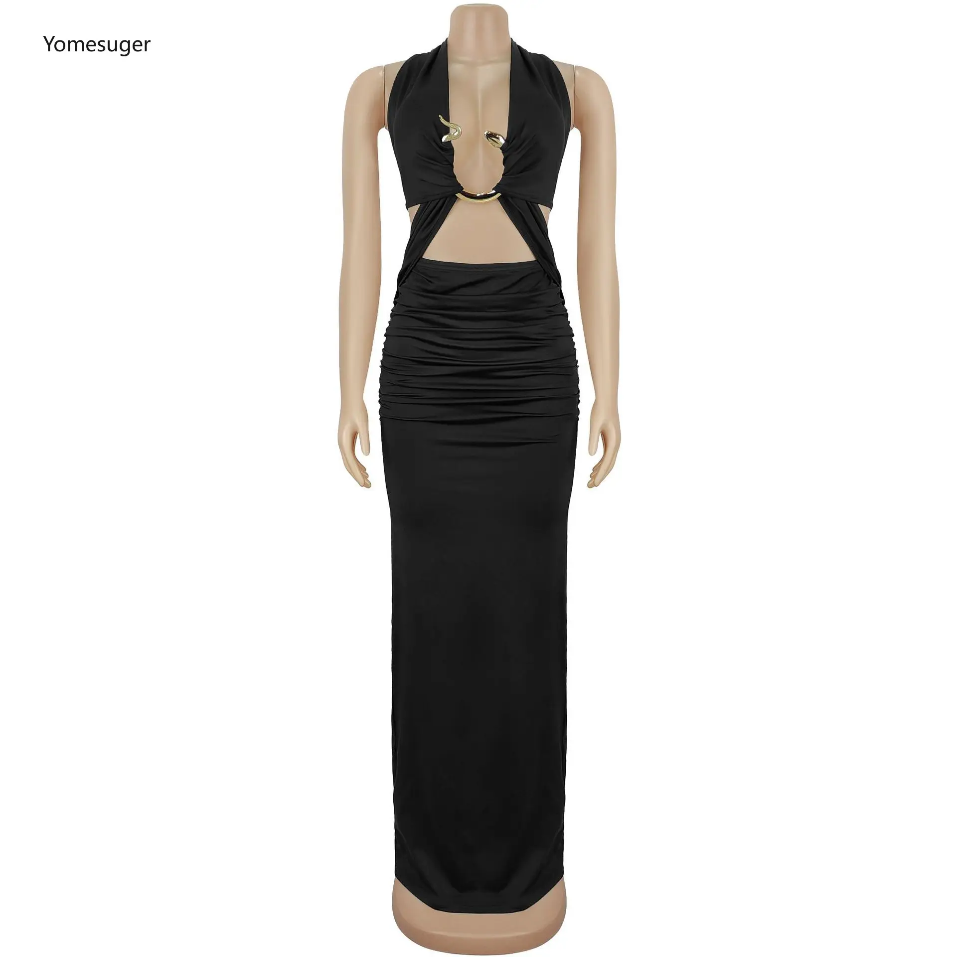 Yomesugar Women Deep V-neck Metallic Decoration Bodycon Maxi Dress Sexy Cut Out Ruched Backless Skinny Birthday Party Clubwear