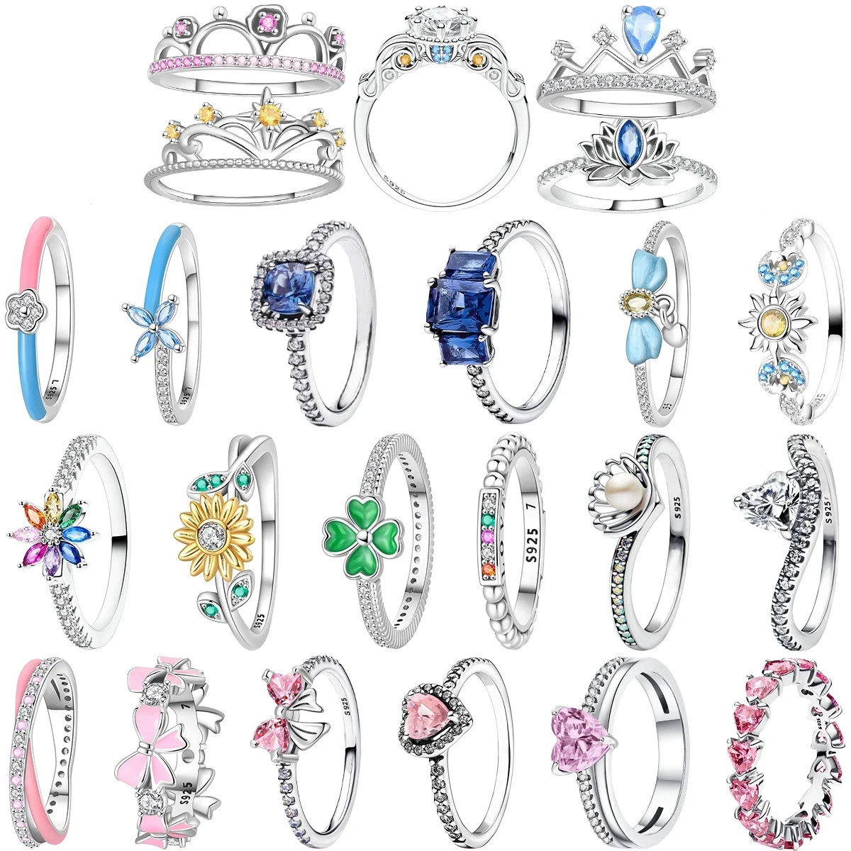 

Романтическое кольцо с короной принцессы, стерлинговое серебро 925 пробы, красочный бант, сердце, клевер, подсолнух, ювелирные изделия, подарки для женщин, День Святого Валентина