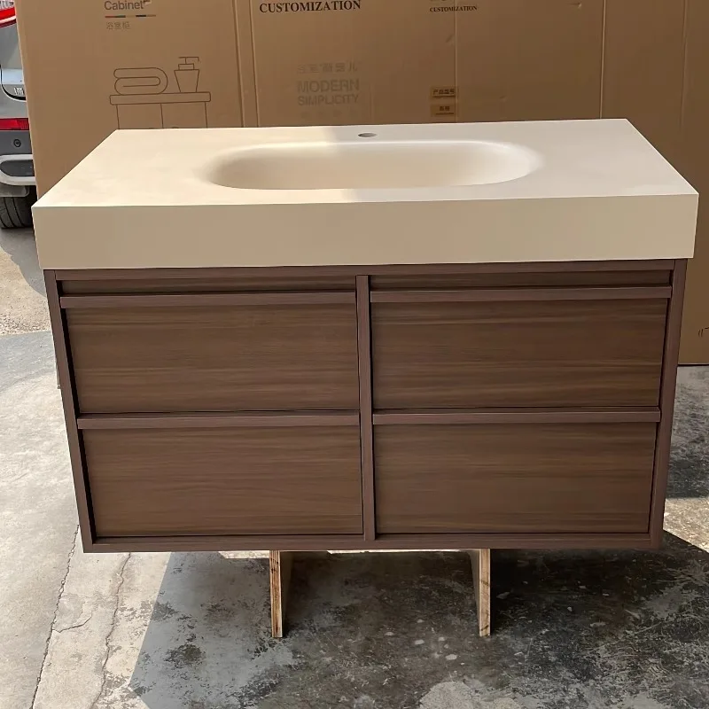 Medieval style bone line bathroom pure acrylic integrated basin cabinet multi-layer solid wood washbasin