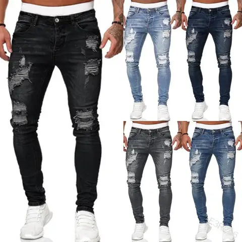 Fashion Street Style Ripped Skinny Jeans Men Vintage wash Solid Denim Trouser Mens Casual Slim fit pencil denim Pants hot sale
