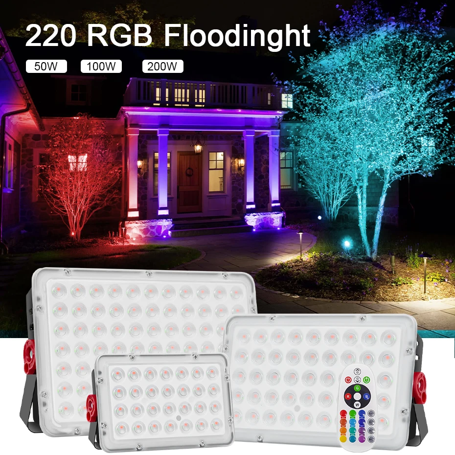 

220V Outdoor RGB Led Flood Lights Outdoor 200W 100W 50W RGB Led Spotlight For Outdoor Garden Decor Lighting With Remote Control