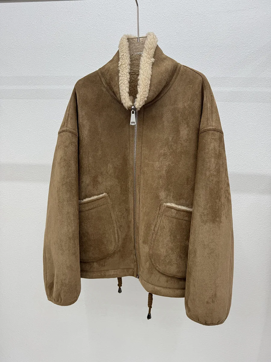 เสื้อโค้ทขนสัตว์เทียมแบบกลับด้านได้ แฟชั่นฤดูหนาว ผ้าวูลและหนังกลับ