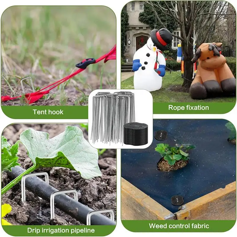 

U Shaped Galvanized Garden Staples 100PCS with Pads Heavy Duty Metal Stakes for Tubing Fixing Landscape Fencing Cloth Anchoring