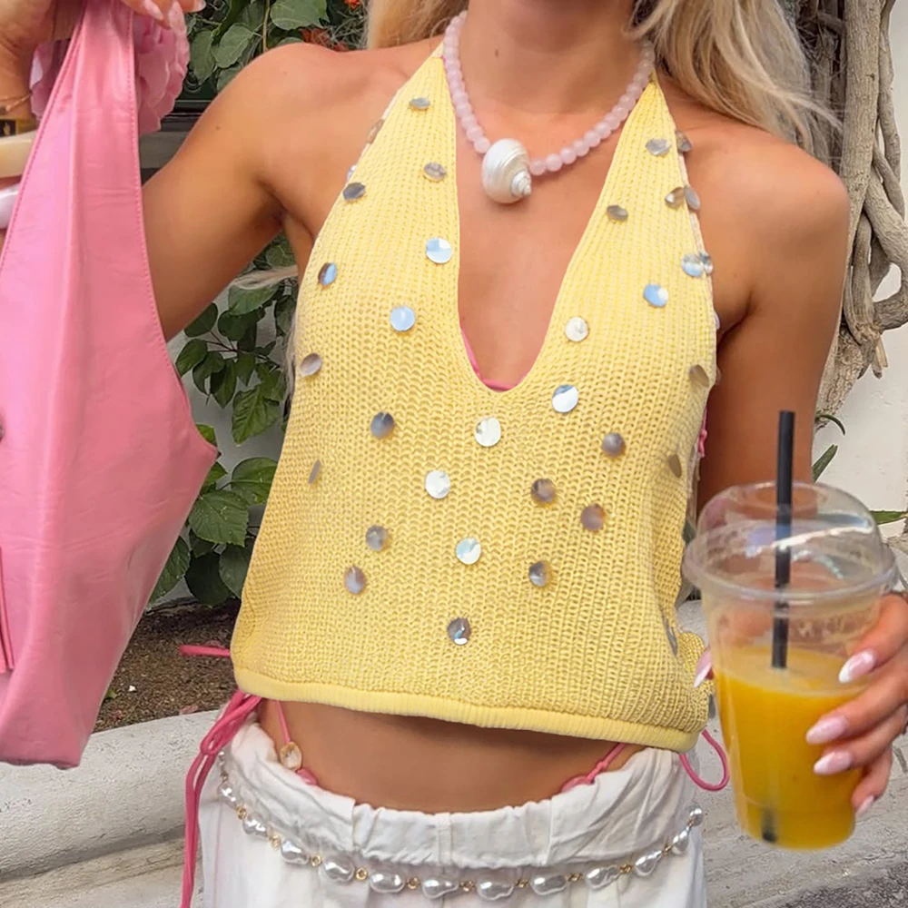 

Tuularose Summer Knitted Women's Camisole New Sequin Patchwork Beach Vacation Party Backless Tops Fashion Casual Sexy Female Top