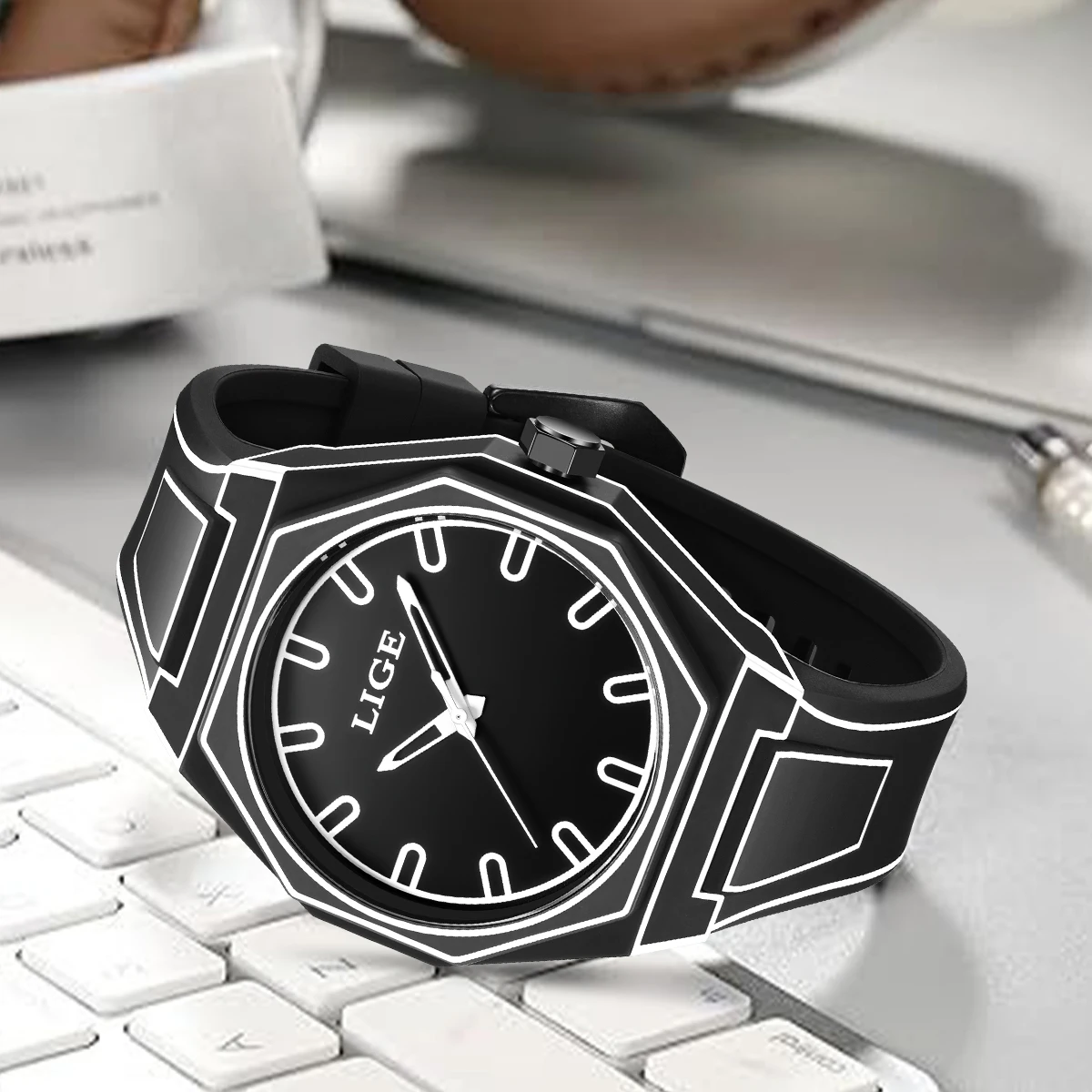 LIGE Fashion Modern Man Watch Outdoor Casual Sports Minimalist Sketching Comic Silicone Waterproof Luminous Quartz Watches Male