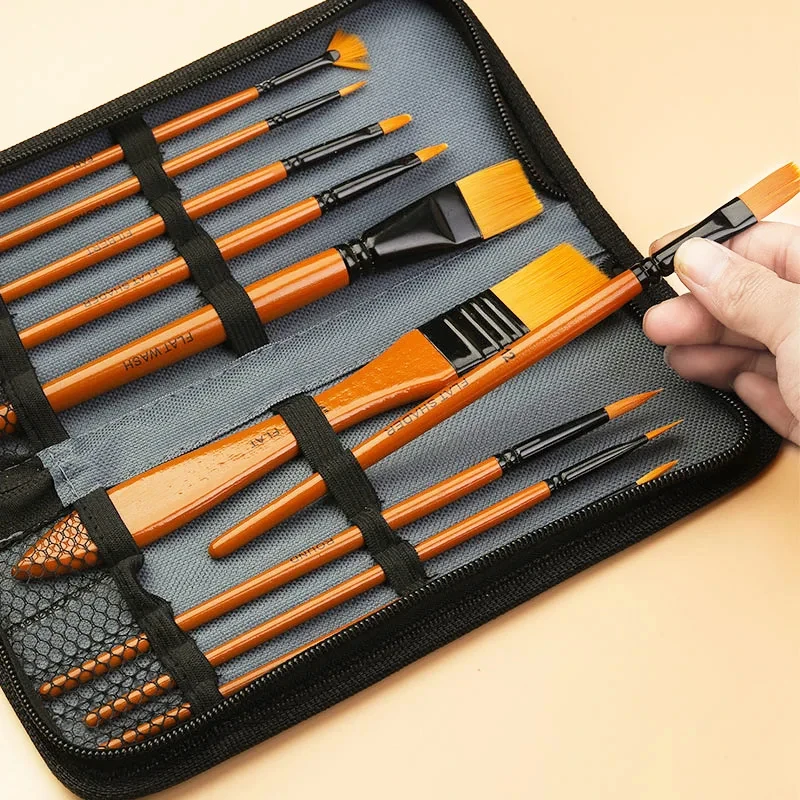 10Pcs/Set Nylon Hair Wooden Handle Watercolor Paint Brush Pen Set Learning DIY Oil Acrylic Painting Art Paint Brushes Supplies