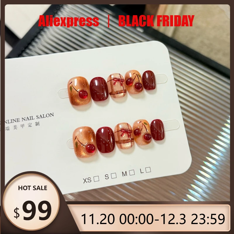 

10Pcs Handmade Amber Gradient Nails with Ice-Clear 3D Cherry Cat Eye Design Short Press-On Nails Perfect for Gifting To Women