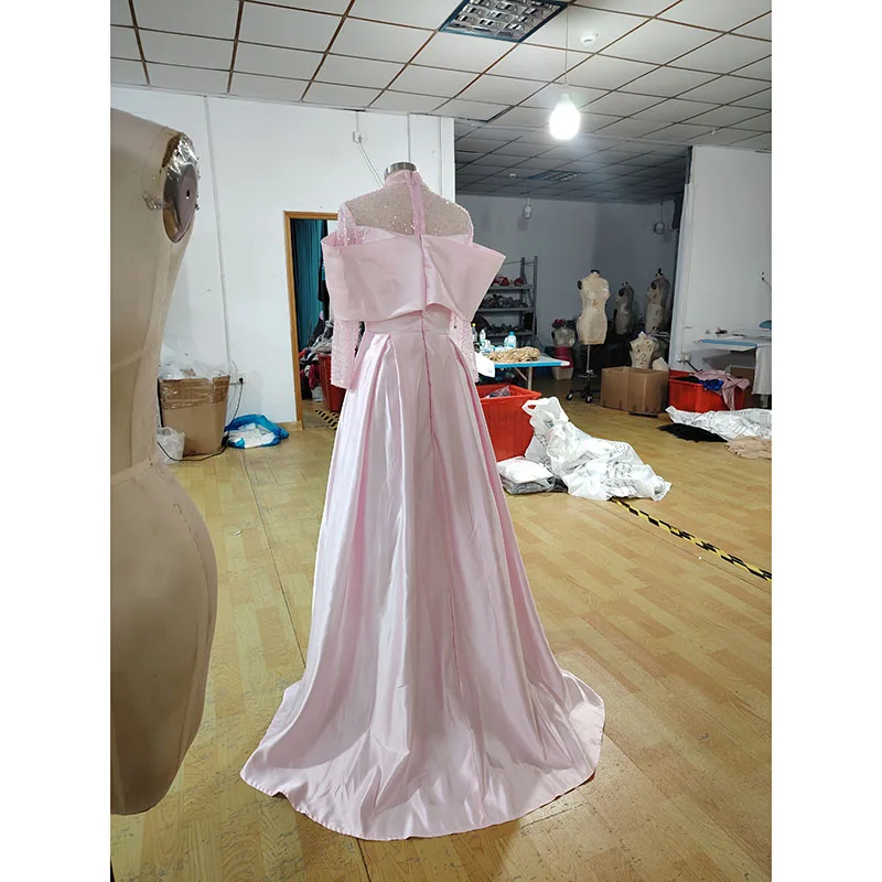 Simple Satin Elegant Evening Gown High Neck Long Sleeves Pearl Pleat Full Back Ankle Length Bечернее платье